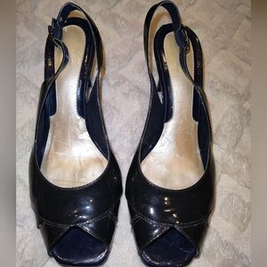 Women's Size 8 Alex Marie Navy Blue Open Toe Sling Back Shiny High Heel Pumps